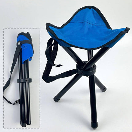 Blue folding stool with carrying strap, shown folded and open.
