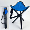 Blue folding stool with carrying strap, shown folded and open.