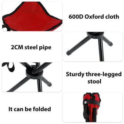 Red and black folding stool with features highlighted on 600D fabric,  steel pipe and folded three-legged stool.