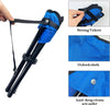 Blue folding stool with black handle and legs, featuring strong velcro, oxford cloth, and anti-drop rivets.