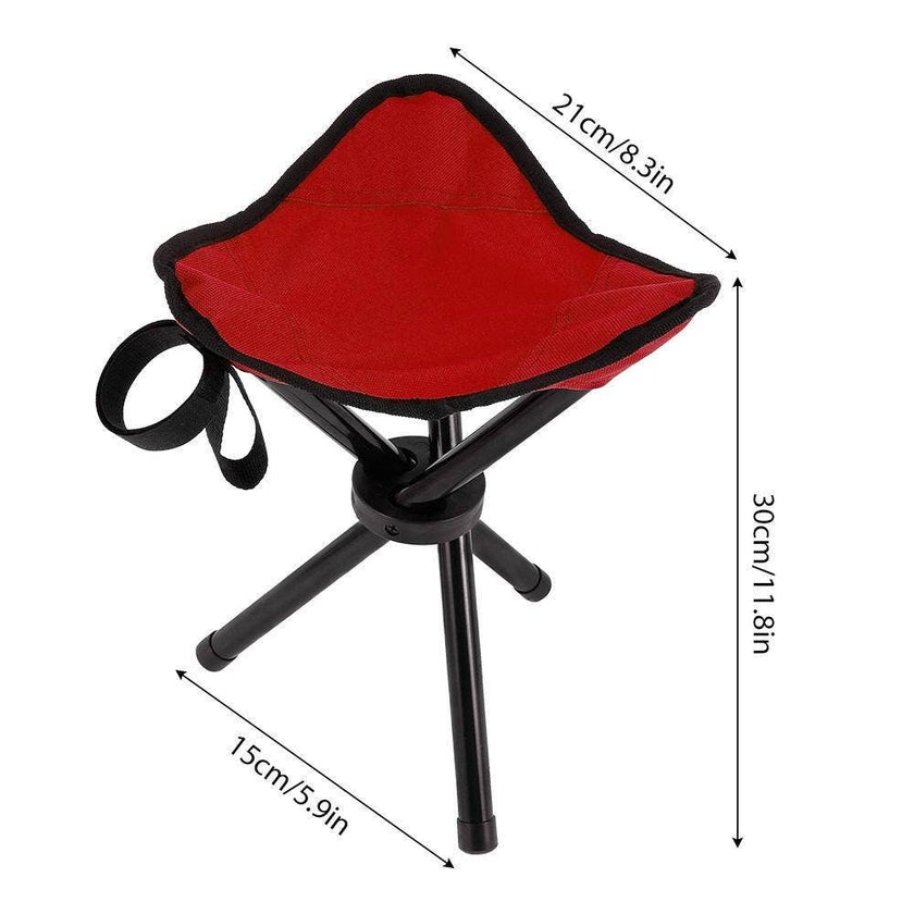 Red folding stool with black legs and measurements - 8.3 inch triangle seat, 5.9 inch base, and 11.8 inch high.