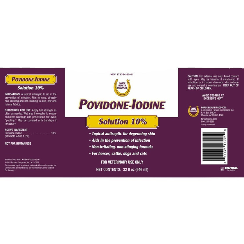 Povidone-Iodine 10% Solution 32 fl oz. Label shows product details