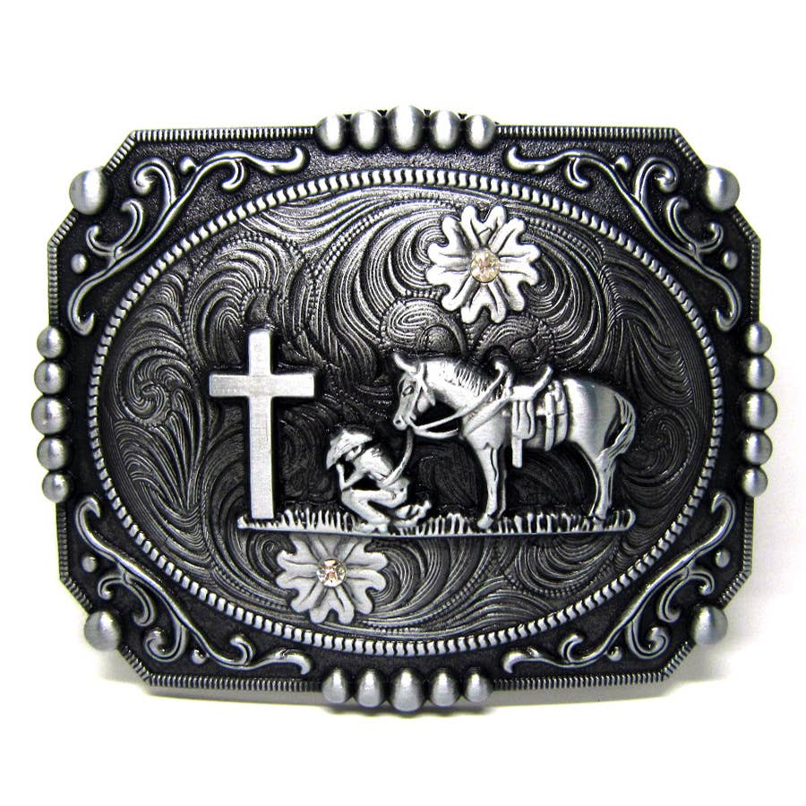 Praying Cowboy Belt Buckle 1790 in antique silver