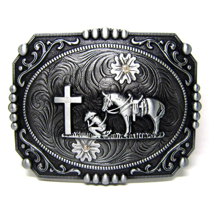 Praying Cowboy Belt Buckle 1790 in antique silver