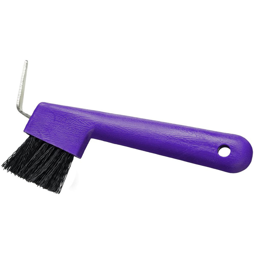 Tough1 Hoof Pick / Brush Combo in purple with a hole for hanging. 