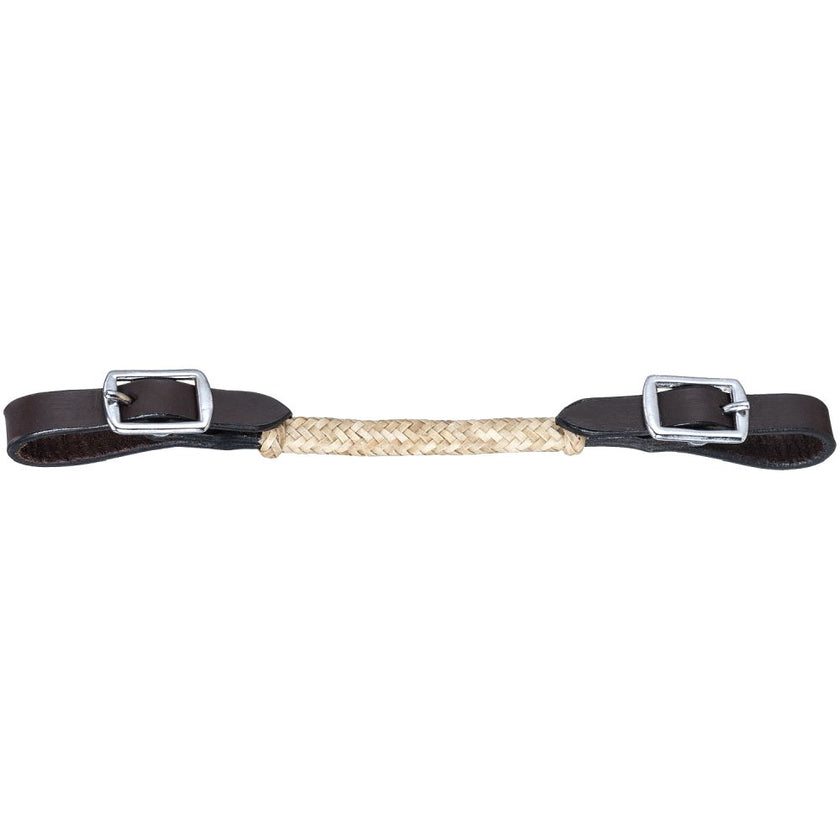 RK Braided Rawhide Curb Strap with leather ends and square buckle closures, dark brown and beige