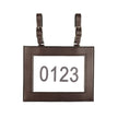 One Ranch Leather Number Holder in brown leather with example number in the window and two buckles for hooking to your tack or saddle 