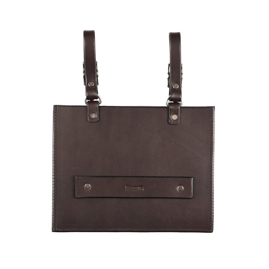 One Ranch Brown Leather Number Holder showing the back side in brown leather 