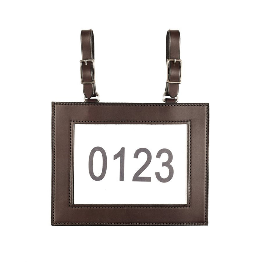 One Ranch Leather Number Holder in brown leather with example number in the window and two buckles for hooking to your tack or saddle 