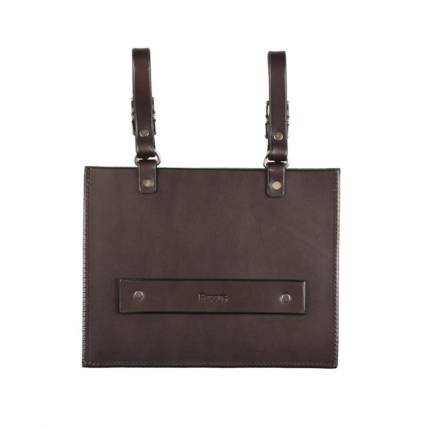One Ranch Leather Number Holder showing the back side in brown leather 