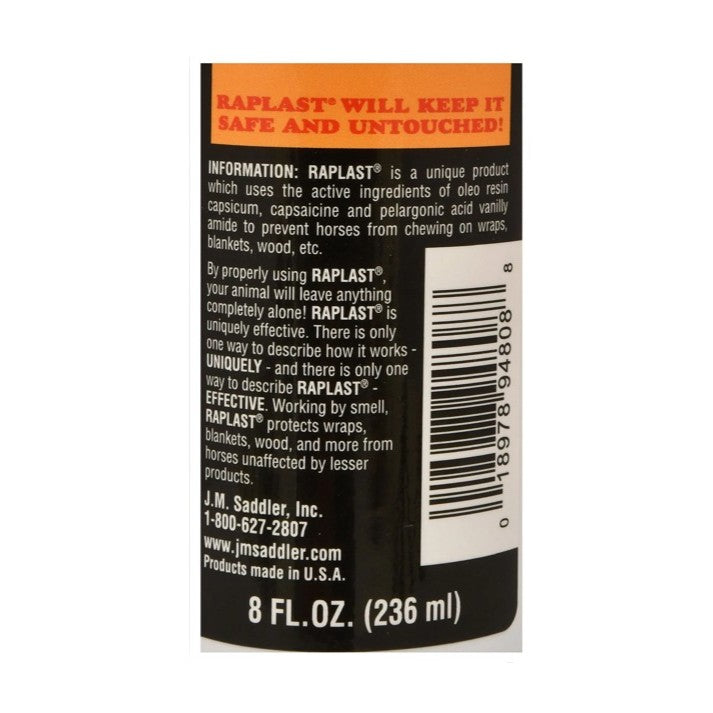 Back label of 8 ounce Raplast® Stop Chewing Horse Spray container with text and a barcode.