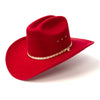 Red cowboy hat with a gold band on a white background