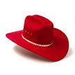 Red cowboy hat with a decorative band on a white background