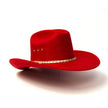 Red cowboy hat with a gold band on a white background