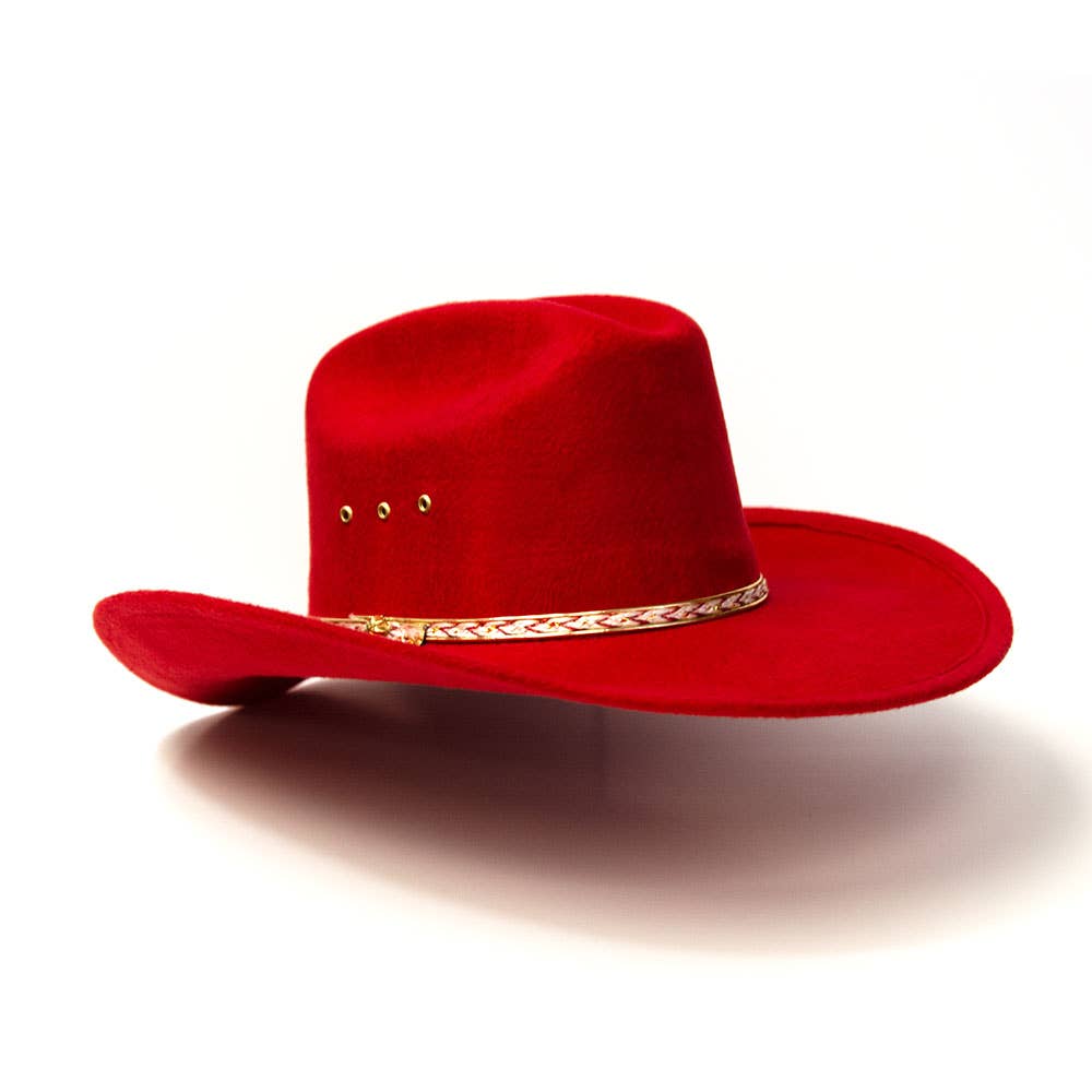Red cowboy hat with a gold band on a white background
