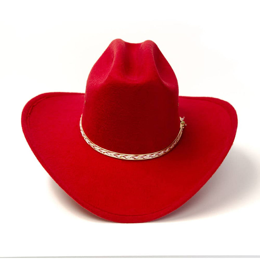 Red cowboy hat with a gold band on a white background