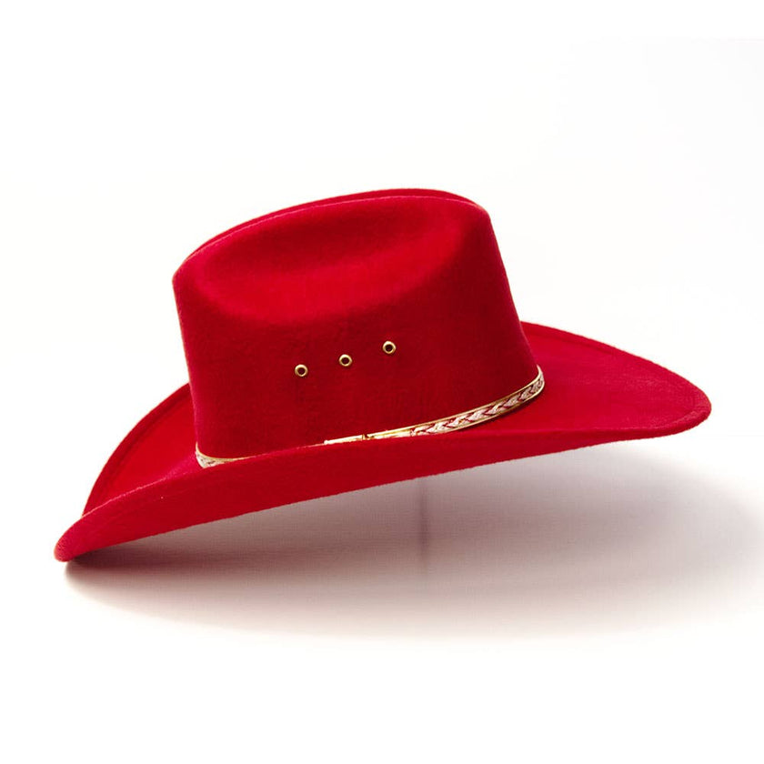 Red cowboy hat with a decorative band on a white background