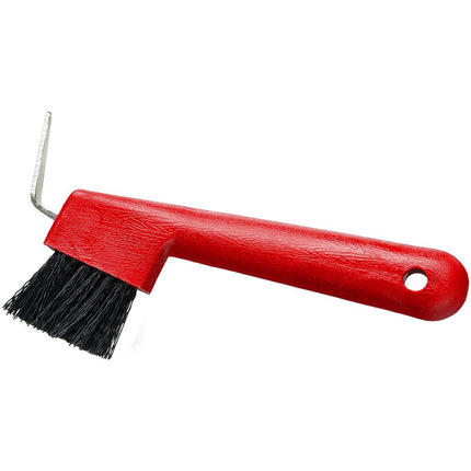 Tough1 Hoof Pick / Brush Combo in red with hole for hanging 