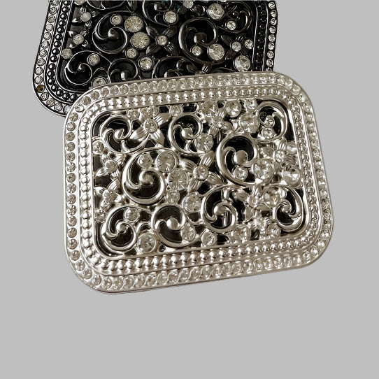 Rhinestone Western Belt Buckle Bling Silver