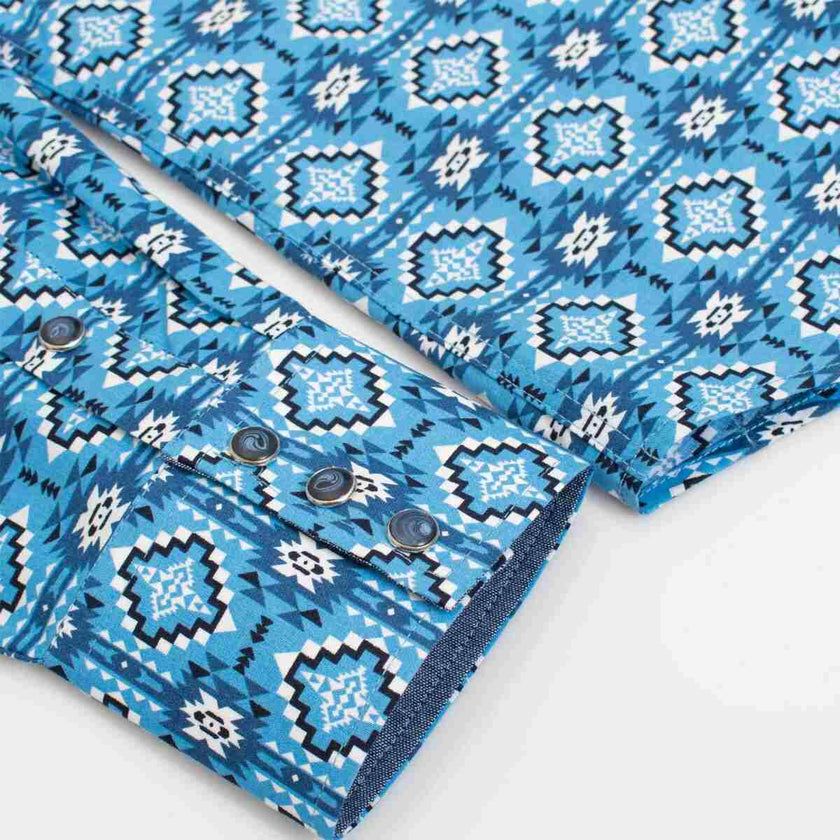 Rodeo Clothing - Men's Aztec Print Authentic Western Shirt With Snap Buttons showing sleeve detail 