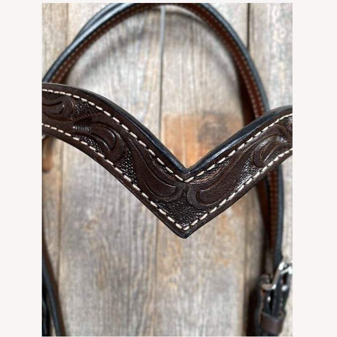 Rodeo Drive - Floral V Browband Dark Oil Headstall / Bridle detail front center top