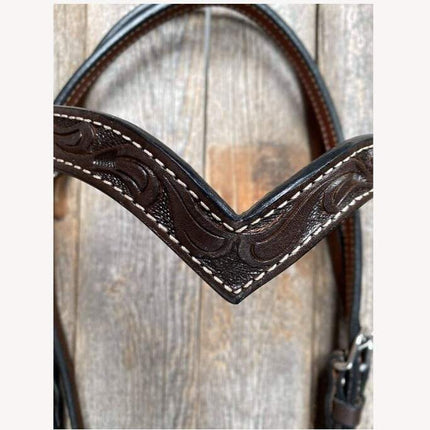 Rodeo Drive - Floral V Browband Dark Oil Headstall / Bridle detail front center top