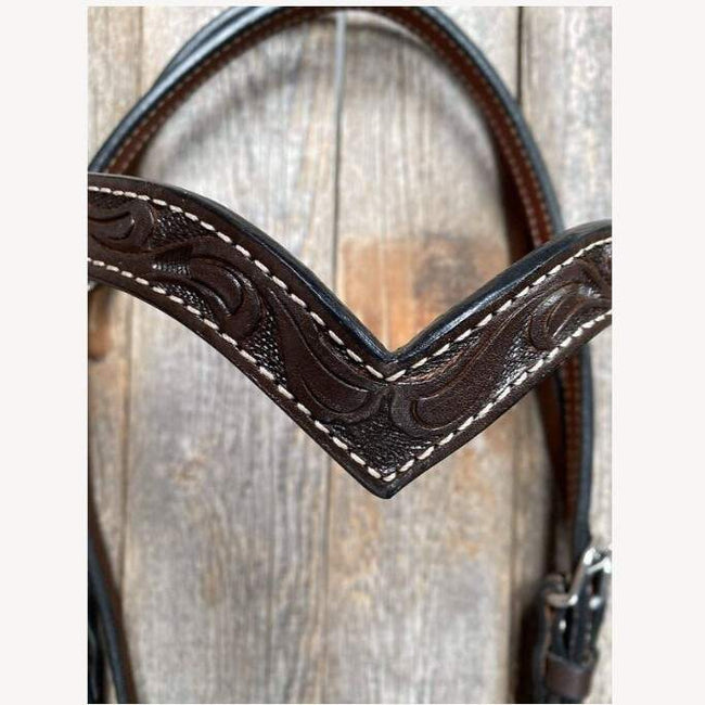 Rodeo Drive - Floral V Browband Dark Oil Headstall / Bridle detail front center top
