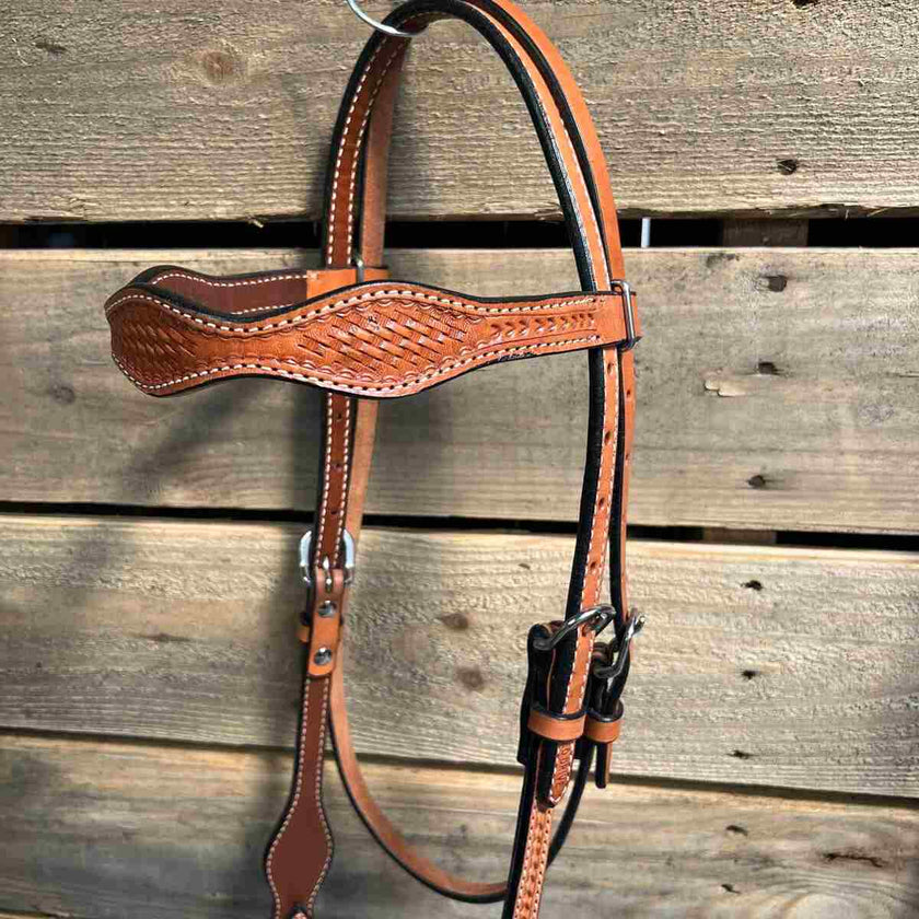 Rodeo Drive - Light Oil Basketweave Purple Loping Hackamore shows crown and front piece of headstall 