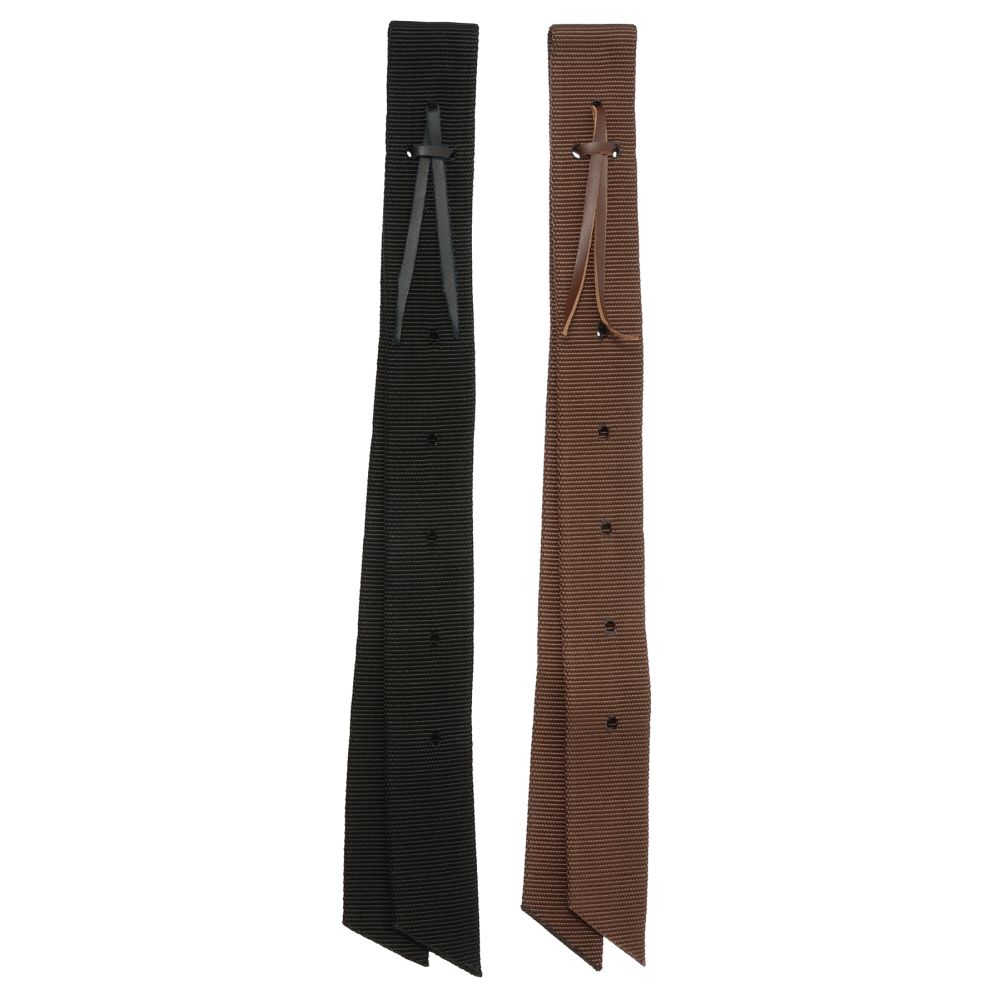 Two Royal King Nylon Web Off Billet Single Ply, one black and one brown, laid out flat with multiple holes for buckles or attachments.