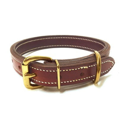 SIT Flat Double Stitch Dog Collar in Brown leather belt with gold colored buckle 