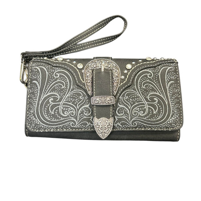 SIT Buckle Collection Security Style Wallet - leather wallet with silver floral patterns and buckle 