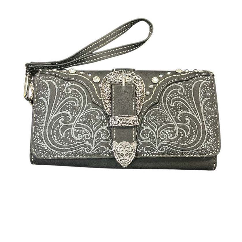 SIT Buckle Collection Security Style Wallet - leather wallet with silver floral patterns and buckle 