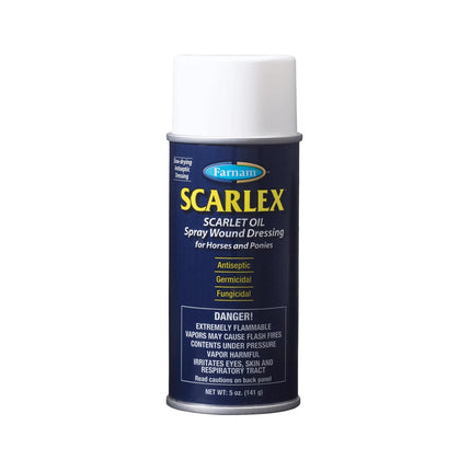 Farnam® Scarlex Scarlet Oil Spray Wound Dressing in a 5 ounce spray can in dark blue with yellow writing