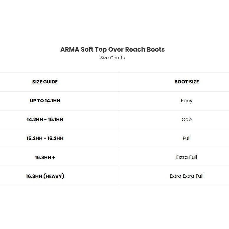 Shires ARMA Soft Top Over Reach Boots Size Guide