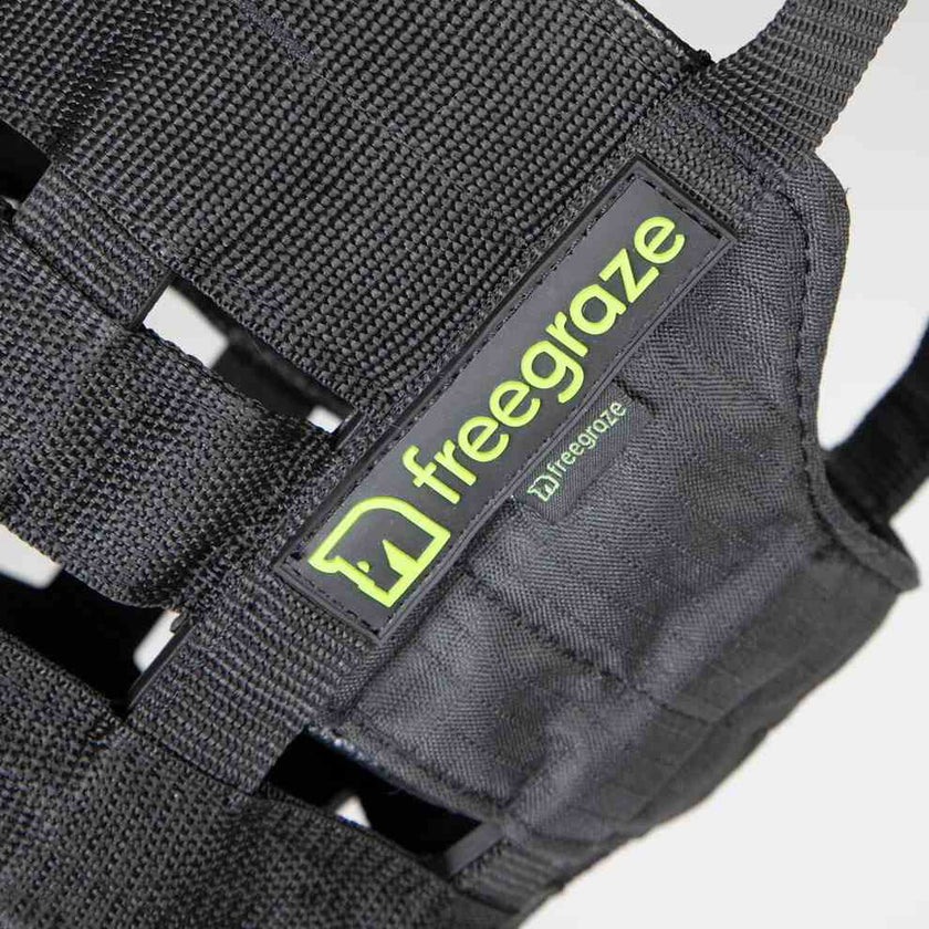 Shires FreeGraze Comfort Grazing Muzzle close up of brand detail