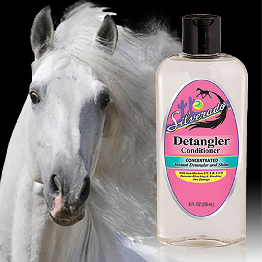 8 ounce Bottle of Silverado Detangler Conditioner next to a white horse