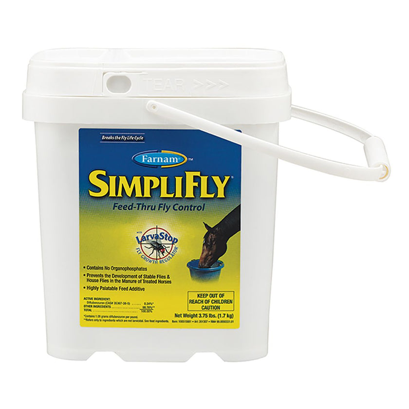 Farnam SimpliFly feed-thru fly control product packaging 3.75 pound pail