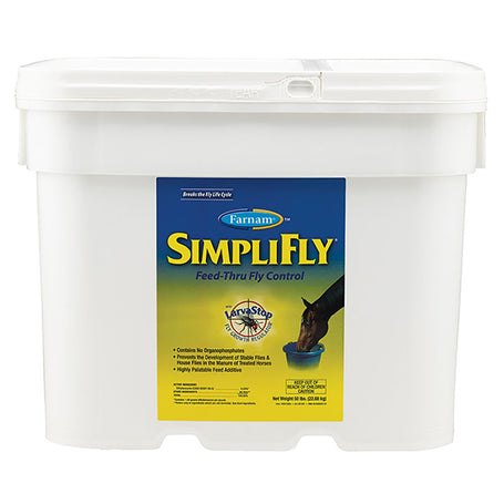 Farnam Simplifly feed-thru fly control product packaging 50 pound pail