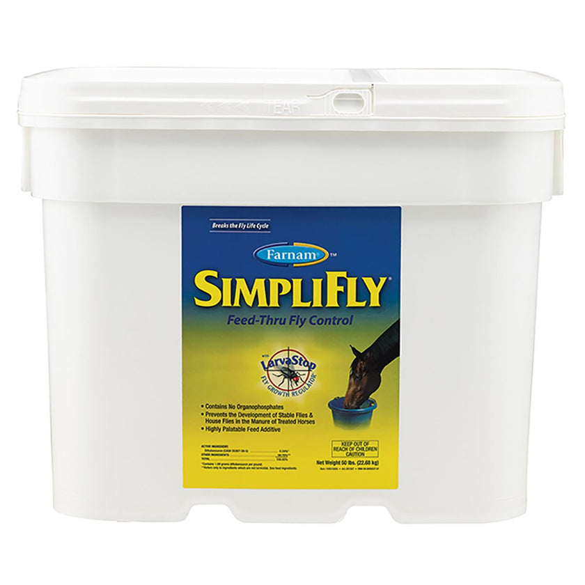 Farnam Simplifly feed-thru fly control product packaging 50 pound pail
