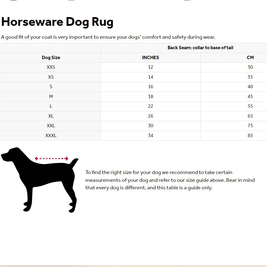 Horseware® Signature Dog Fleece (No Fill) Size Guide