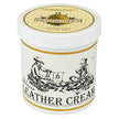 Container of Skidmore's Leather Cream with label showing an illustration of a person with a leather good, and text 'LEATHER CREAM'.