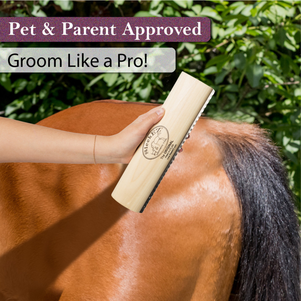 SleekEZ® Shedding and Grooming Brush , text 'Pet & Parent Approved Groom Like a Pro!' above.