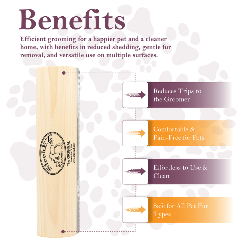 SleekEZ® Shedding and Grooming Brush - Grooming tool with benefits listed.