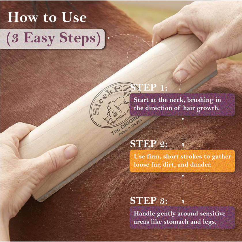 SleekEZ® Shedding and Grooming Brush  - Instructions on how to use a grooming tool with text overlay.