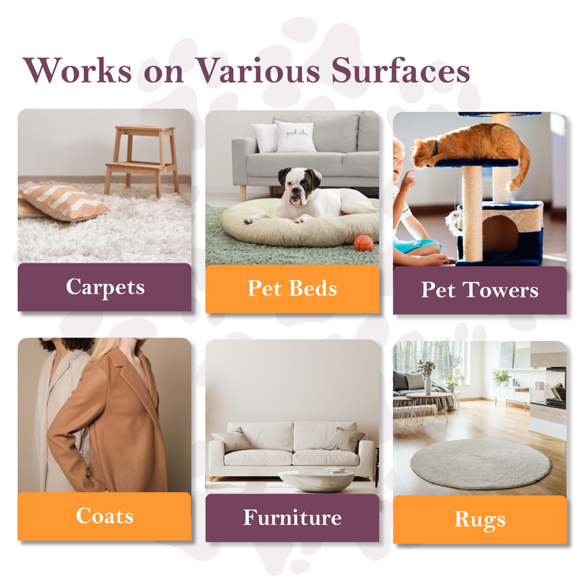 SleekEZ® Shedding and Grooming Brush  - Product demonstration on various surfaces including carpets, pet beds, pet towers, coats, furniture, and rugs.