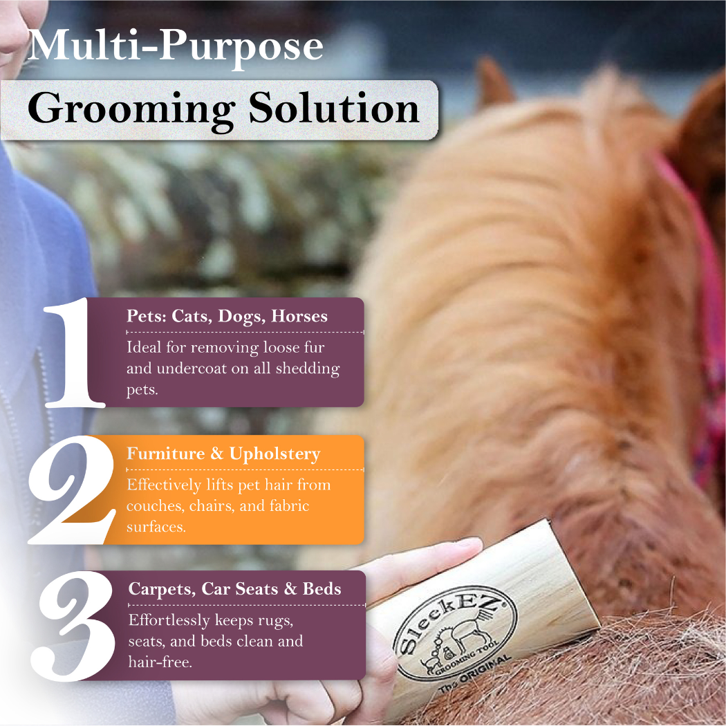 SleekEZ® Shedding and Grooming Brush  product with text highlighting its uses for pets, furniture, and carpets.