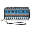 Southwest Clutch Wallet - A zippered clutch wallet with a multicolored pattern that includes a horse motif, and a black wristlet.