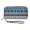 Southwest Clutch Wallet - A zippered clutch wallet with a multicolored pattern that includes a horse motif, and a black wristlet.
