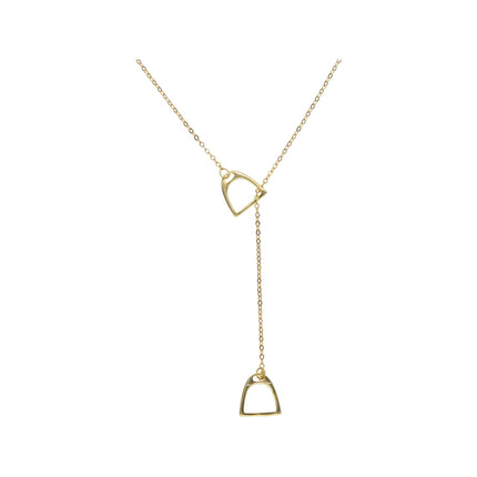 Gold necklace with a unique pendant stirrup design on a white background