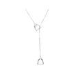 Silver necklace with two horse stirrup pendants on a white background